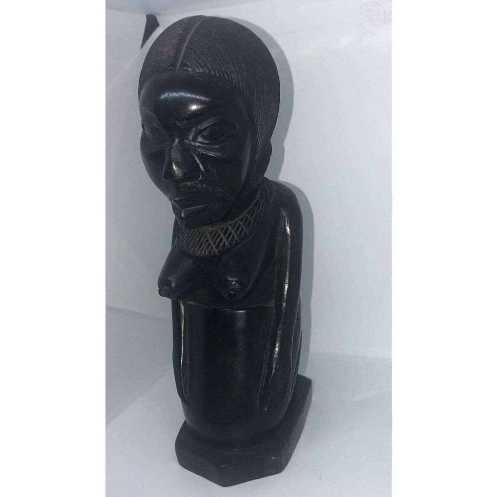Vintage  Hand Carved Black African Tribal Kneeling Woman Figurine 9x3” Ebony